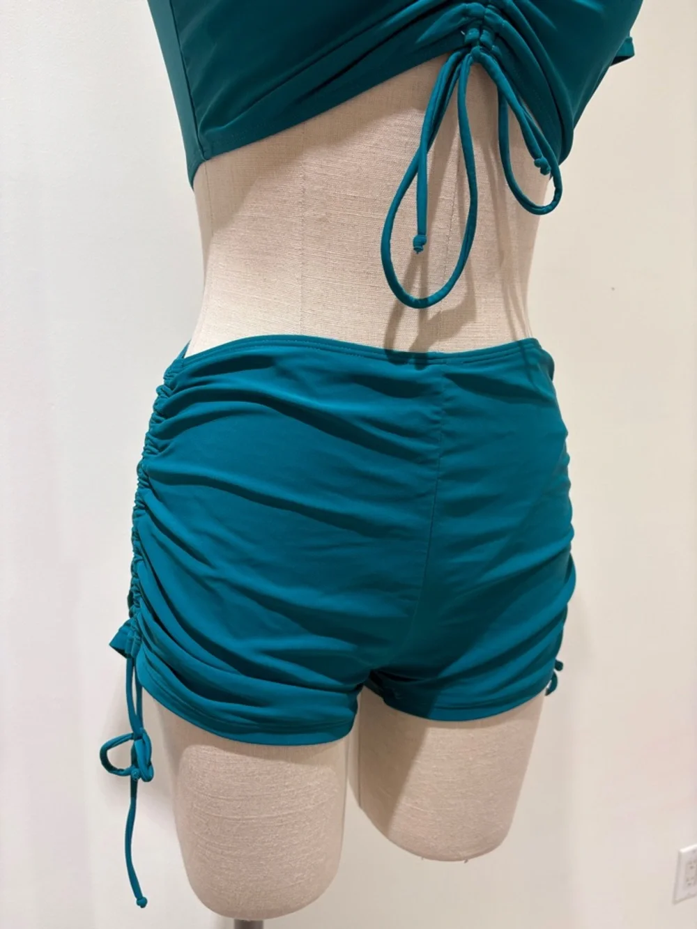 Teal Ruched Drawstring Swim Top and Shorts Set